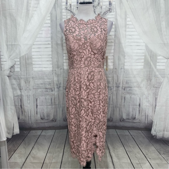 NEW Eliza J Siz 8 Blush Pink Sleeveless Lace Applique Illusion Sheath High Neck - Picture 2 of 9